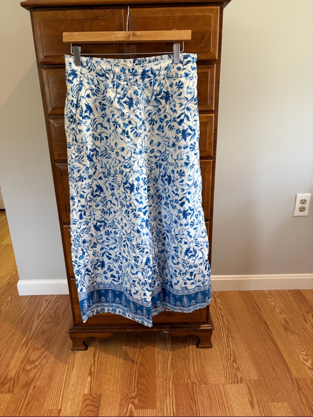 Blue and White Floral Linen wide leg pants